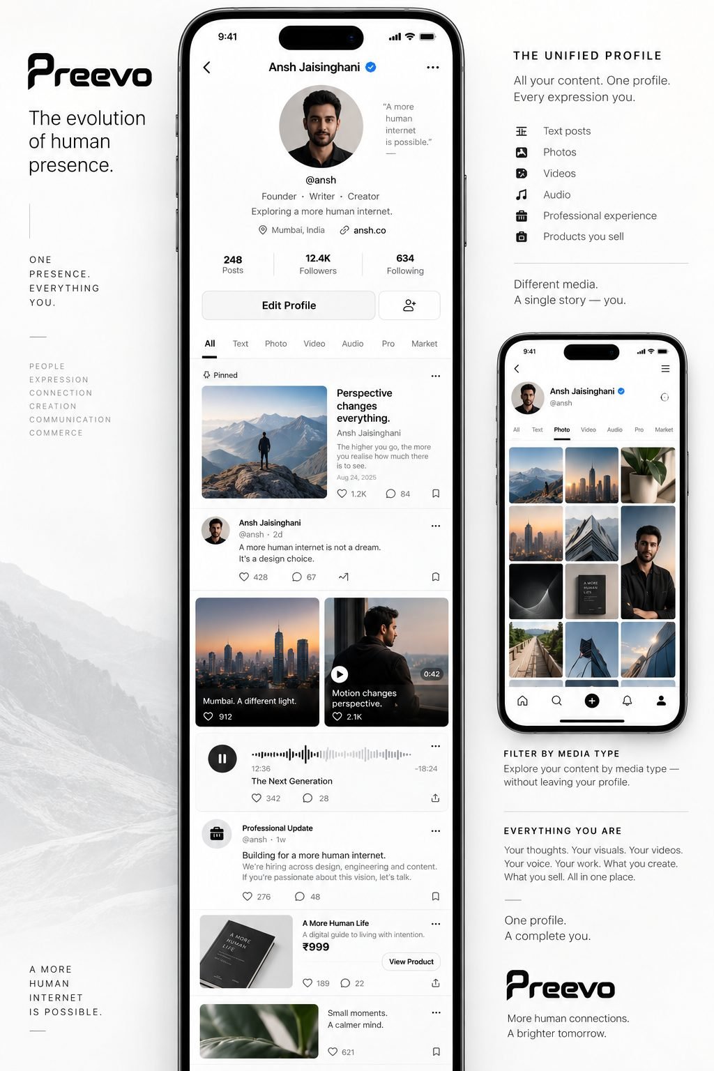 The Preevo unified profile: one person's text, photos, videos, audio, professional updates and products in a single profile, filterable by media type.
